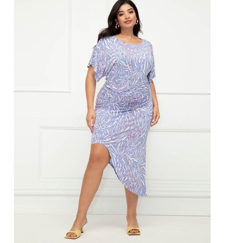 Eloquii Elements Ruched Midi Dress Dolman Sleeve Asymmetrical Floral Sz 22/24